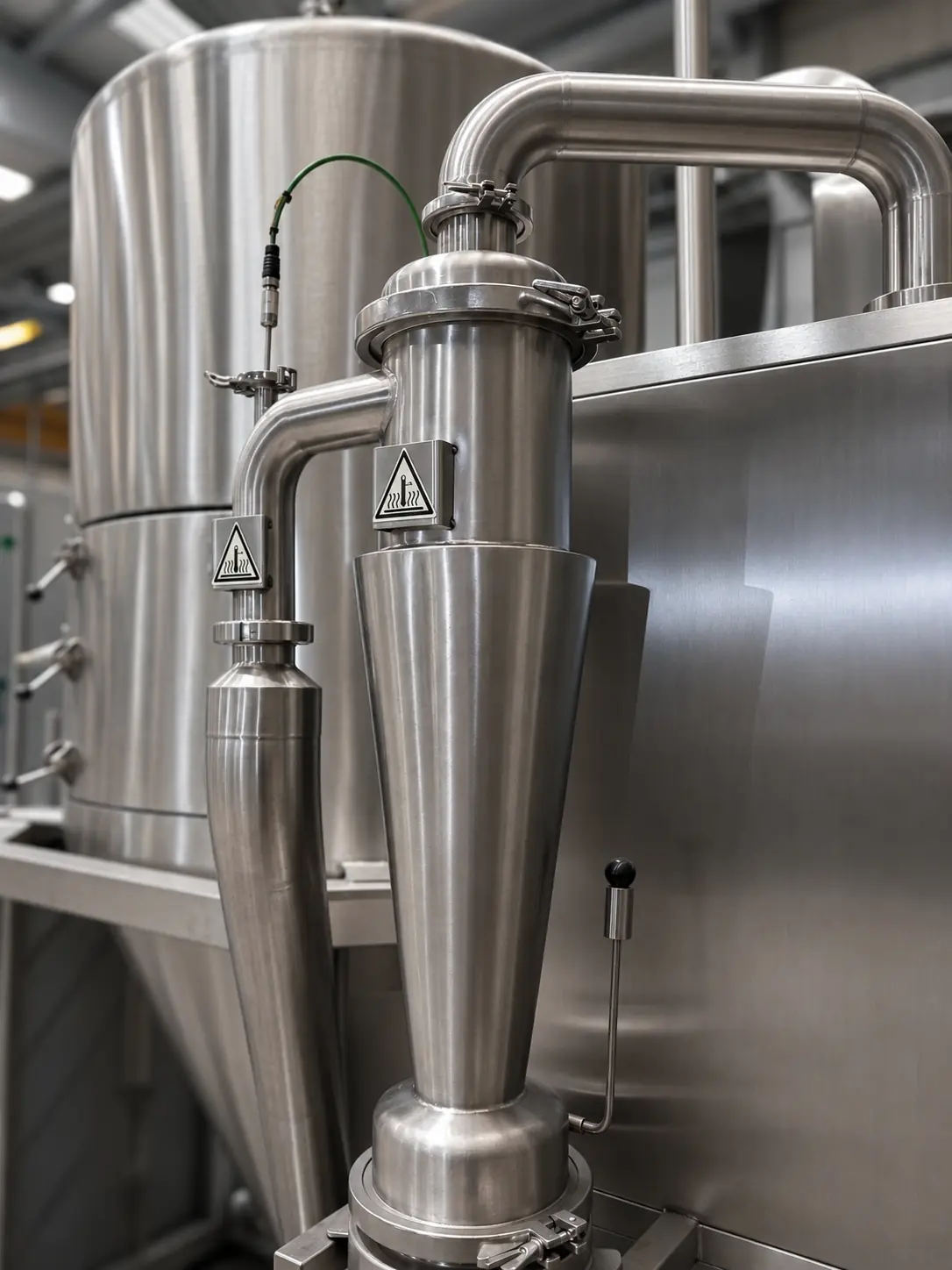 Cyclone and sanitary ductwork with clamp fittings from a spray drying plant
